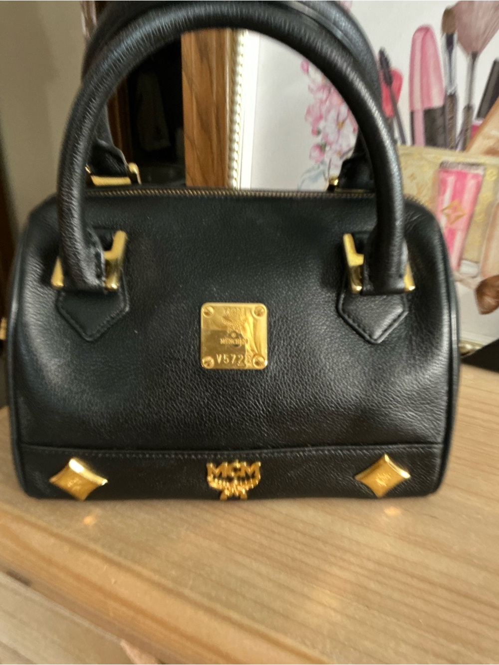 MCM München Black Leather Boston Satchel Gold Hardware